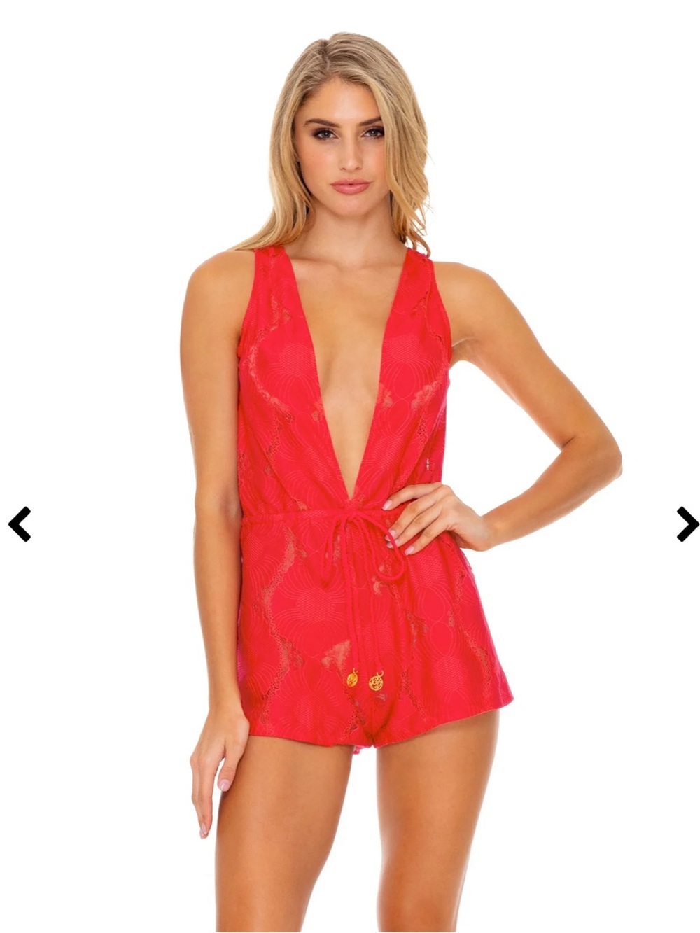 Luli Fama Red Deep-V Tie Waist Romper
